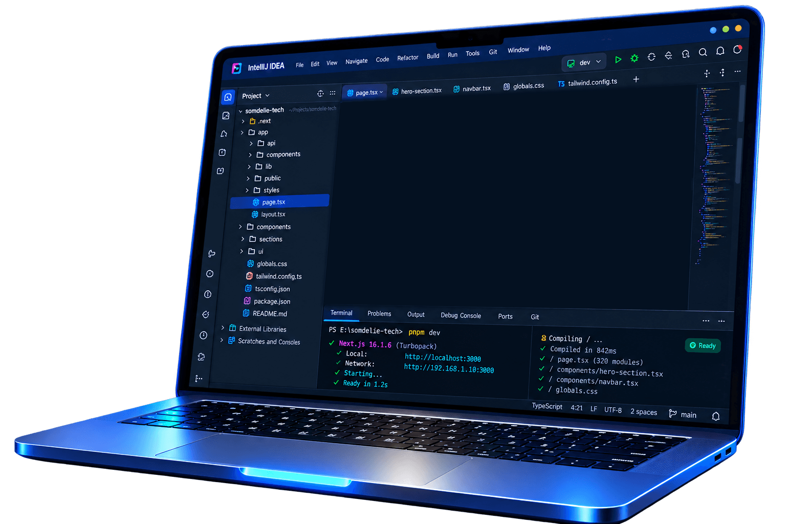 Laptop showing a Next.js project open in IntelliJ IDEA
